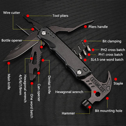 Cet outil multifonctionnel combine une clé, un marteau, une pince pliante et d'autres éléments essentiels EDC dans un seul emballage pratique. C'est un outil manuel polyvalent adapté à diverses tâches.