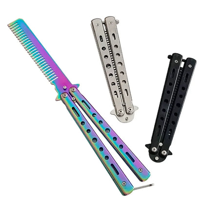 1pc Foldable Comb Stainless Steel Practice Training Butterfly Knife Comb Moustache Beard Comb Salon Hairdressing Styling Tools