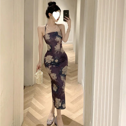 Printed Neck Hanging and Buttocks Wrapped Slim Fit and Elegant Long Dress for Women in Early Spring, New French Niche Suspender