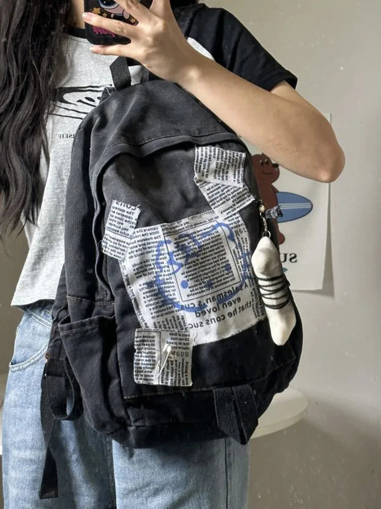 Y2K Goth Backpack For Women Stars Collage Denim Shoulder Punk Bag Large Capacity School Backpack Travel Bags