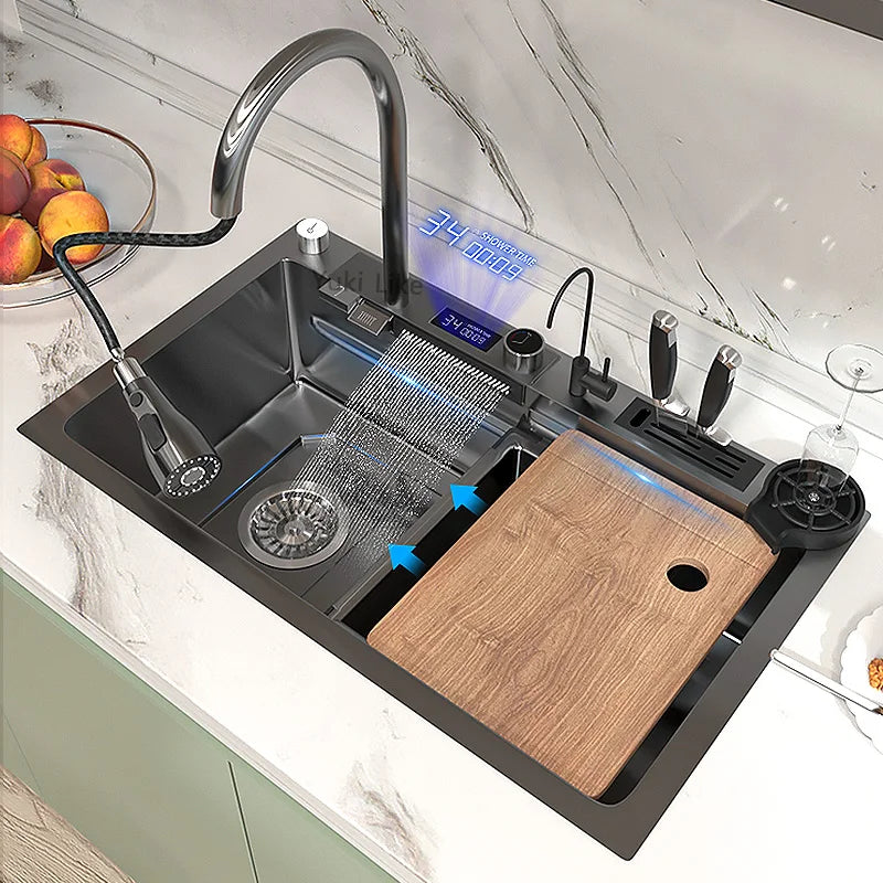 Large Single Stainless Steel Kitchen Sink with Digital Display and Multifunction Touch Waterfall, featuring a Dish Basin Design