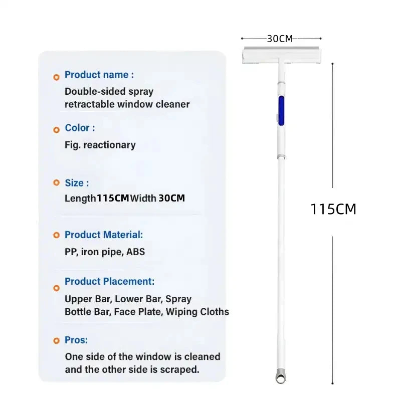 Extended Window Cleaning Tool Double-sided Spray Glass Cleaner Mop with Silicone Scraper Window Cleaning Brush Household Cleanin