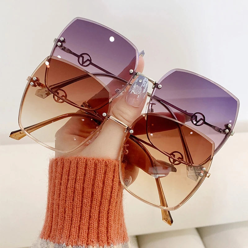 Rimless Letter V Gradient Sunglasses For Women Men Brand Design Luxury Popular Famous Metal Sun Glasses Fashion Vintage Eyewear