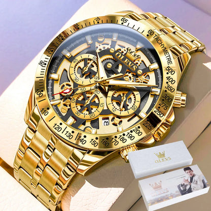 OLEVS Lxuxry Brand Gold Men's Watches Full Skeleton Stainless steel Chronograph Wristwatch Waterproof Luminous Quartz Watch Men