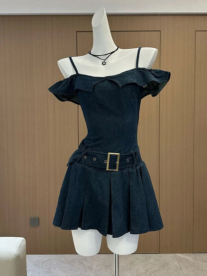 Summer Ballet Core Mini Denim Dress Women 2000s Slash Neck Frocks With Belt Party Old Money Prom Gown One-Piece Coquette Gyaru