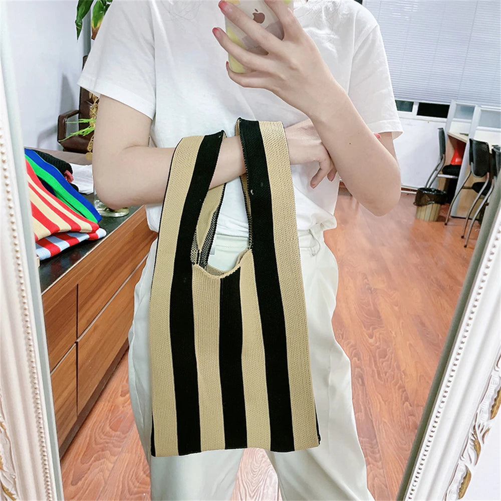 Striped Knitting Tote Bags Women's Shoulder Bag Fashion Hollow Out Tote Ladies Female Woven Shopper Purse Lady Crossbody Handbag