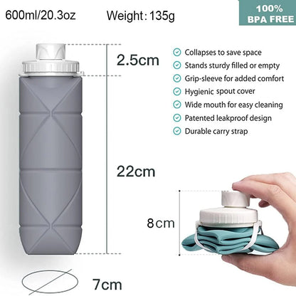 600ML Silicone Folding Water Cup Collapsible Water Bottles Foldable Travel Gym Camping Hiking Leakproof Sports Kettle Drinkware