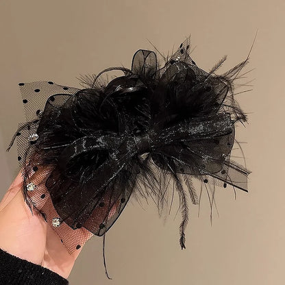 Romantic Black Lace Feather Big Bow Knot Hair Claw Fashion Advanced Sense Hairpins For Women Girls Shark Clip Hair Accessories