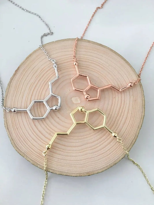 Women Serotonin Statement Necklaces Pendants Silver Color Serotonin Molecule Gold Color Chemistry Long Necklace Moth Men Chain