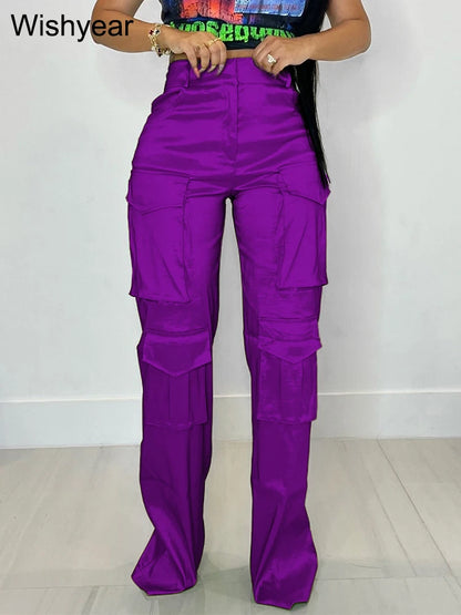 Casual High Waist Button Fly Straight Trousers Night Club Outfits for Women Streetwear Silky Satin Multi Pockets Cargo Pants