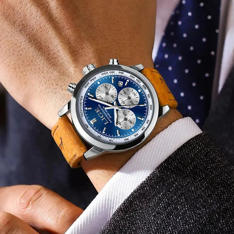 LIGE Luxury Man Watch High Quality Waterproof Chronograph Luminous Men's Wristwatch Leather Men Quartz Watches Casual Clock