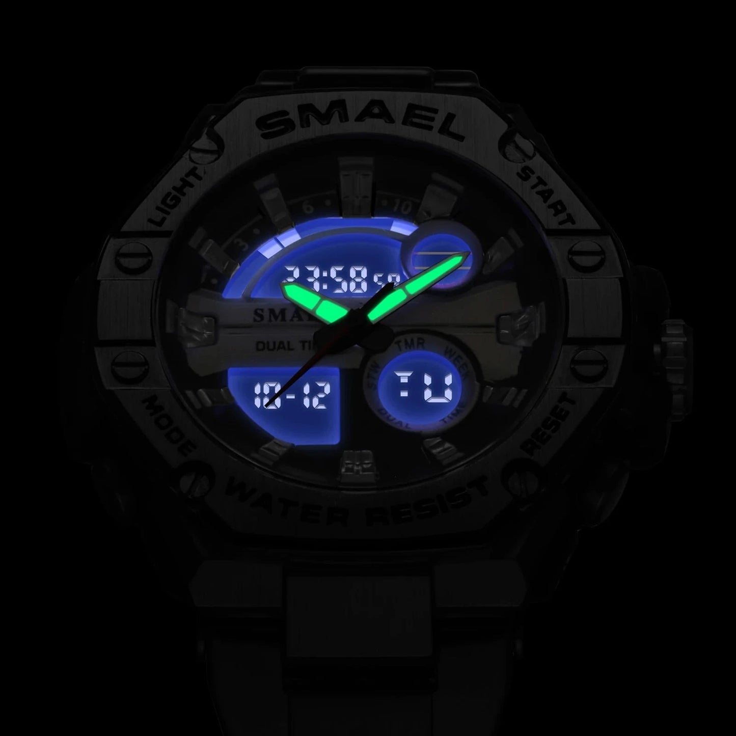 SMAEL 8090 alloy steel strip dual display electronic watch, men's waterproof alarm clock, multifunctional