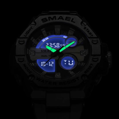 SMAEL 8090 alloy steel strip dual display electronic watch, men's waterproof alarm clock, multifunctional