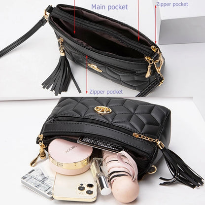 Double Zipper Crossbody Bag 2024 New Fashion PU Diamond Lattice Shoulder Bag Tassel Decoration More Zipper Pocket Large Capacity