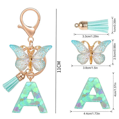 A-Z Heart-shaped Sequins Filled 26Letter Keychain Fashion Tassel Butterfly Alphabet Keyring for Women Men Car Handbag Pendant