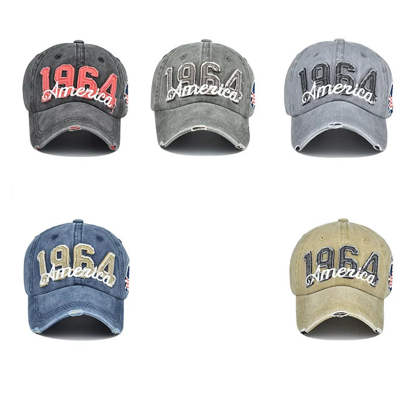 1964 America Embroidery Label Distressed Baseball Caps With Patch Denim Style Strapback Trucker Cap Outdoor Sport Peaked Hat