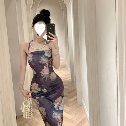 Printed Neck Hanging and Buttocks Wrapped Slim Fit and Elegant Long Dress for Women in Early Spring, New French Niche Suspender