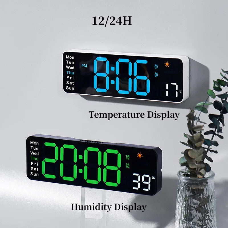 USB Powered Large Digital Wall Clock Remote Control TEMP Humidity Week 2 Alarm Timing Countdown 12/24H DST Table LED Alarm Clock