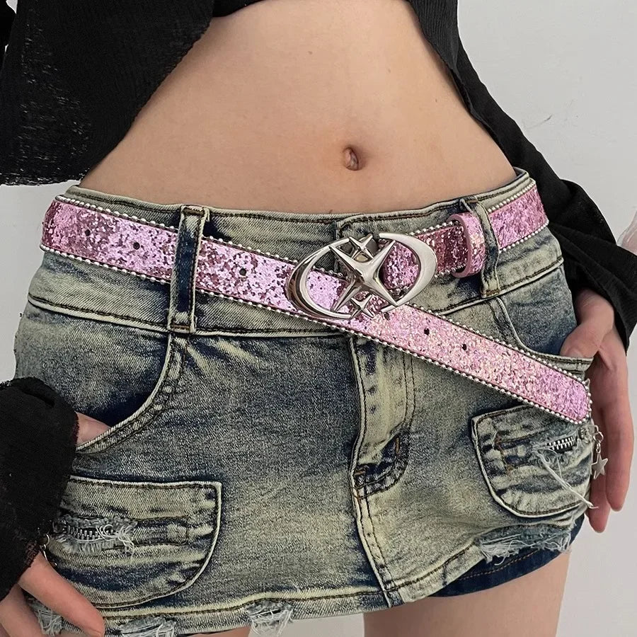 Luxury Sequin Punk Y2k Bling Star Rhinestone Belt Women's Brand Belt Metal Buckle Fashion Waistband Jeans Pants Decor Belt