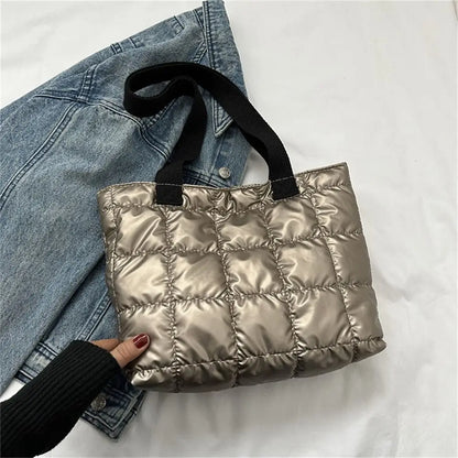 Quilted Shoulder Bags Fashion Solid Color Large Capacity Tote Bags Down Cotton Padded Shopping Bags Women Girls