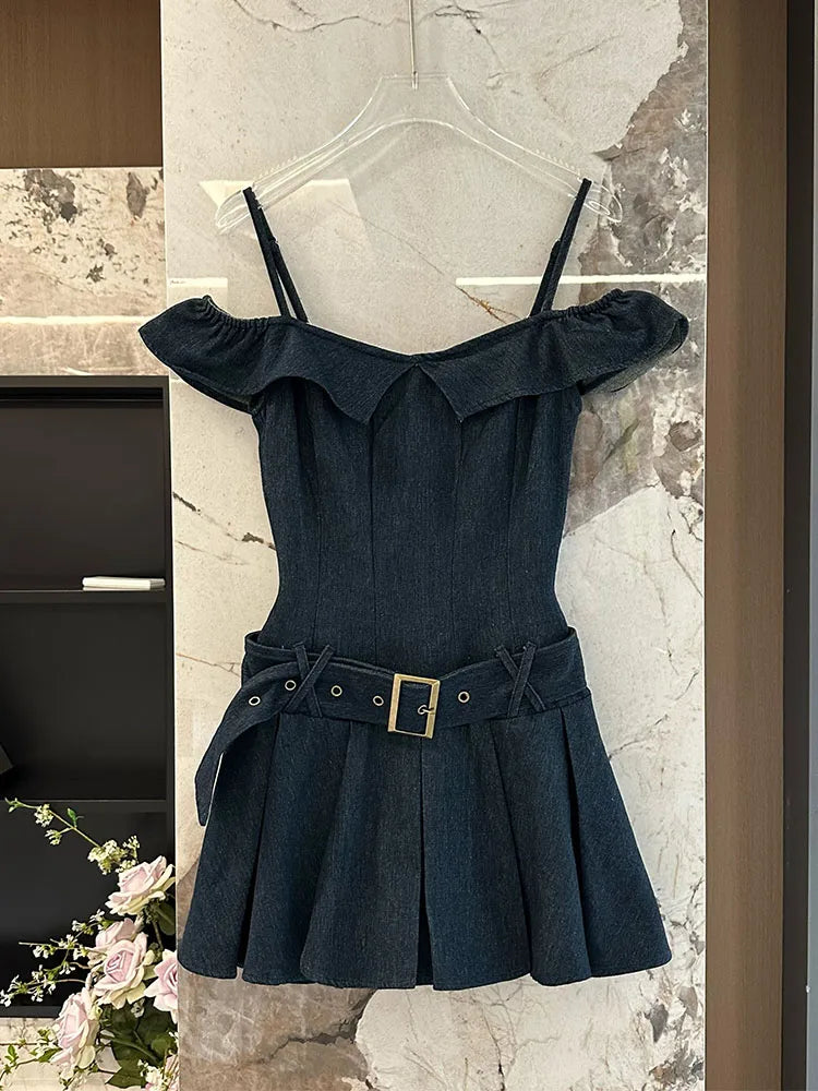 Summer Ballet Core Mini Denim Dress Women 2000s Slash Neck Frocks With Belt Party Old Money Prom Gown One-Piece Coquette Gyaru