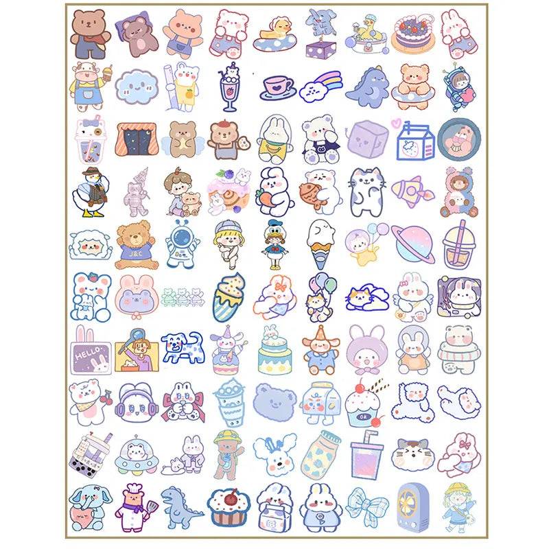 90pcs Blue Brownie Cute Animal Graffiti Stickers Children's Diy Stationery Computer Stickers Student Stationery