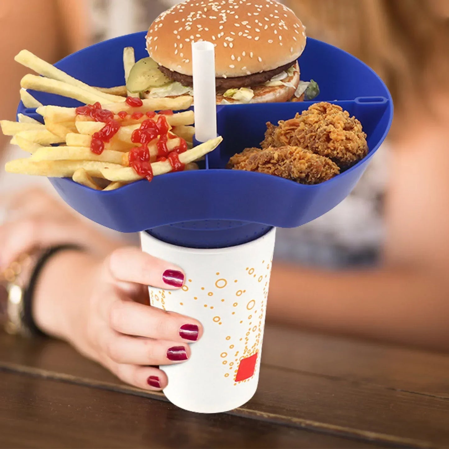 Compartment Plate For Food 2 In 1 Reusable Food Tray Snack Bowl With Straw Hole Put On Beverage Cup Take Out To Go With Straw