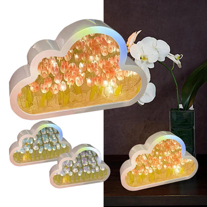 DIY Cloud Tulip LED Night Light Mirror Table Lamps Bedroom Ornaments Decoration Mirror Table Lamps Bedside Handmade Gift