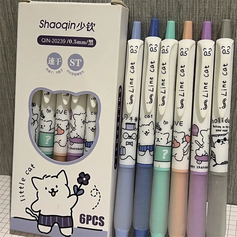 6pcs Cute Pens Black Ink Pen Set Kawaii Kitten Quick-Drying Gel Pen Office Accessories Stationery Supplies Aesthetic Stationery