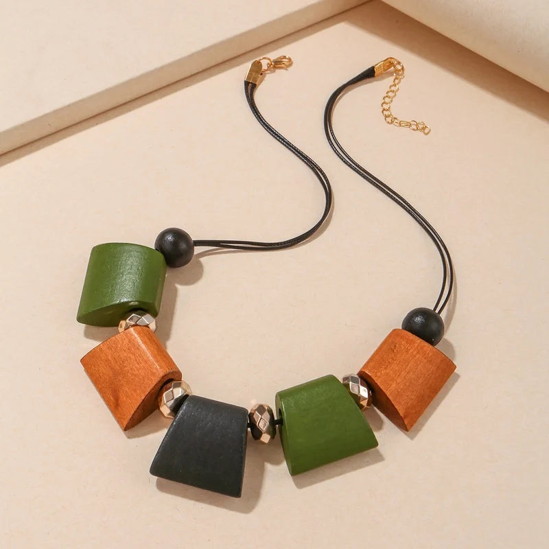 Women Vintage Ethnic Statement Bib Necklace Geometric Ladder Wood Beads Necklaces Pendants New Fashion Collar Neck Jewelry