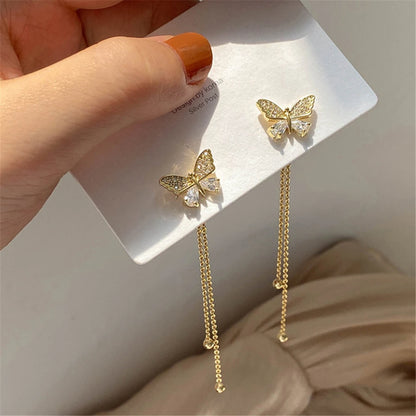 Delicate Gold Color Butterfly Zircon Tassel Earrings Fashion Women Party Jewelry Summer Trend Accessories Valentine's Day Gifts