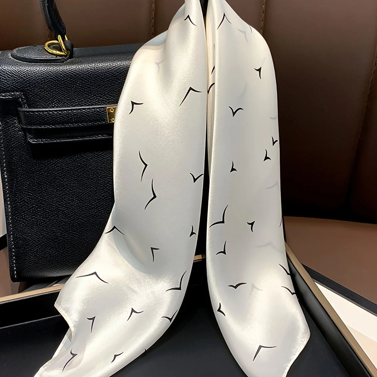 27.5" Simple Seagull Printed Square Scarf Stylish Imitation Silk Satin Shawl Spring Autumn Thin Sunscreen Headscarf For Women