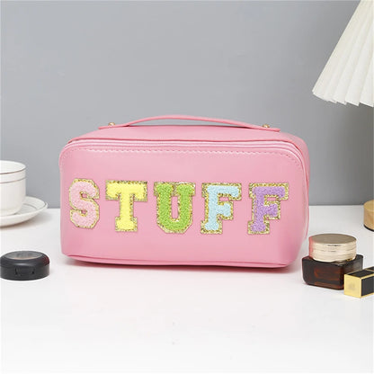 2024 New Women Waterproof Letter Skincare PU Leather Portable Makeup Cosmetic Toiletry Bag For Daily Use