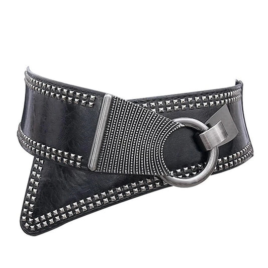 Maikun Fashion Punk Rocker Wide Belts for Women Elastic Wide European Style Women Belts Metal Round Buckle